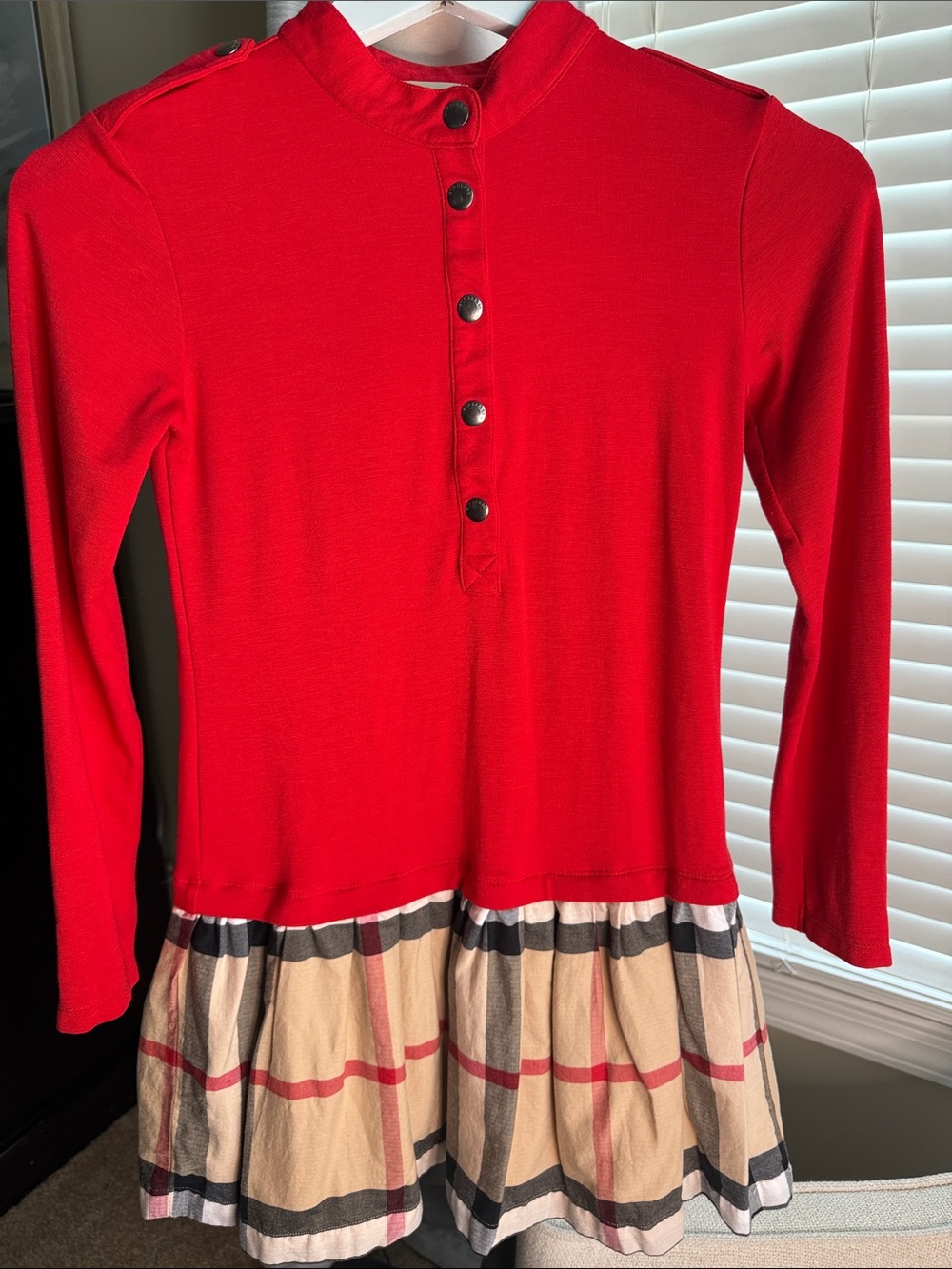 Burberry Red Long-Sleeve Dress Top with Signature Plaid Skirt girls 12